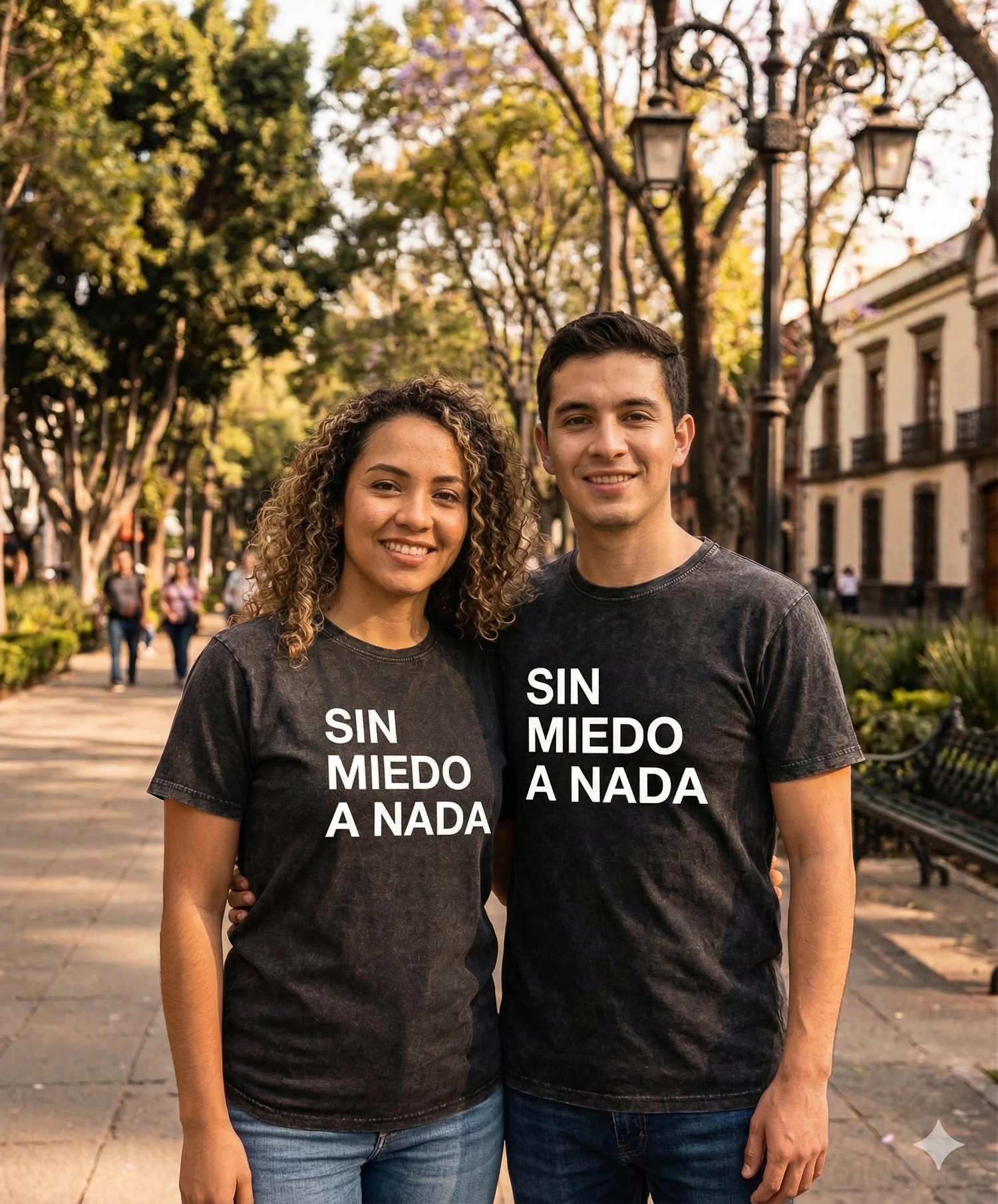 Pareja con playeras negras de Alex Ubago diseño Sin Miedo A Nada mercancía oficial HipMerch