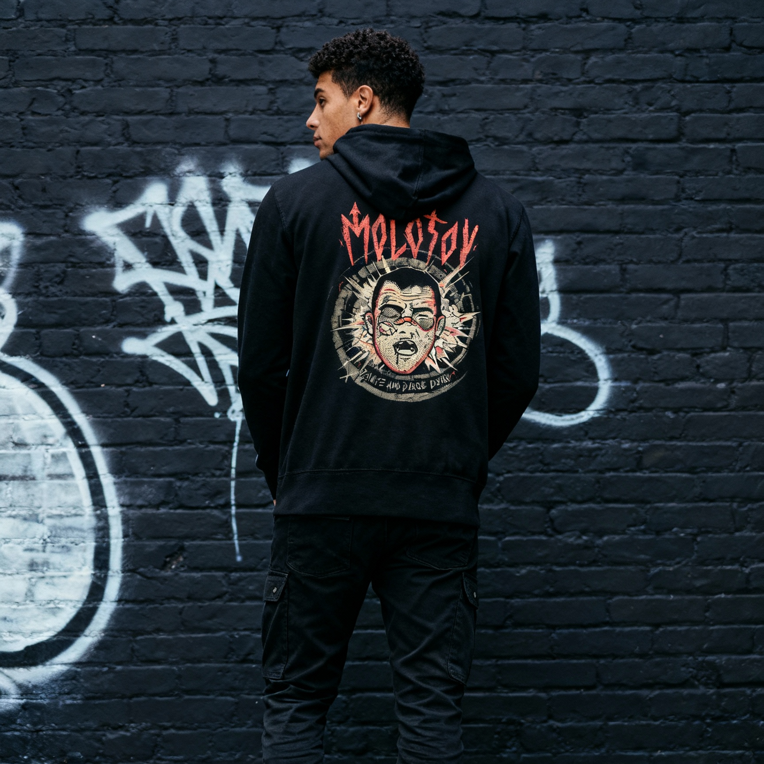 Person wearing a black hoodie with a graphic design on the back against a graffiti-covered wall.
