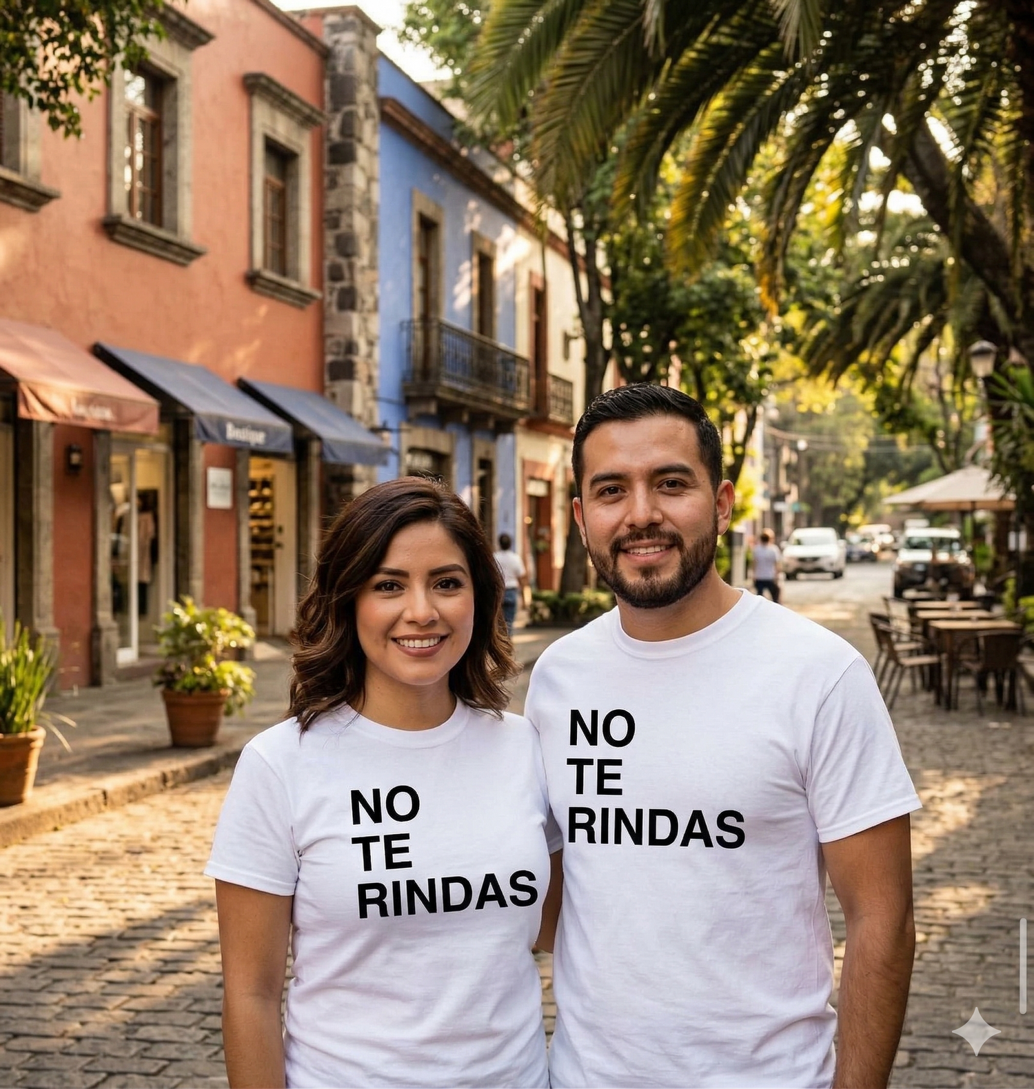 Pareja con playeras blancas de Alex Ubago diseño No Te Rindas mercancía oficial HipMerch