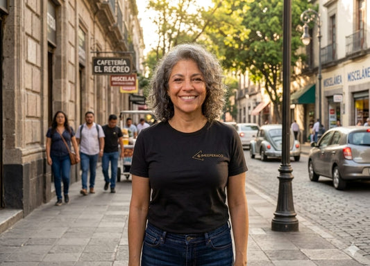 Modelo mujer mostrando la parte delantera y el diseño frontal de la playera oficial negra de Pandora & Flans Tour US 2026.