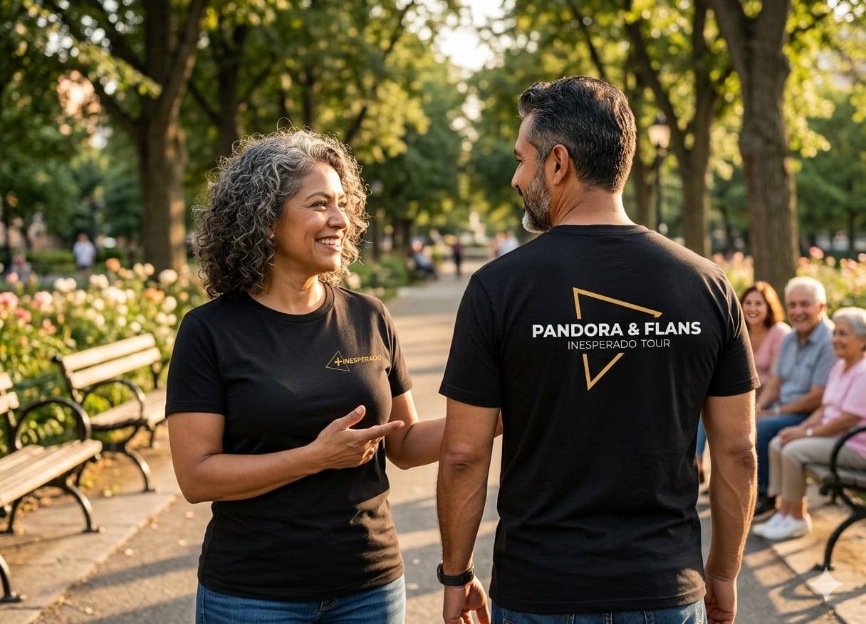 Una pareja de hombre y mujer posando con la playera oficial negra del Tour USA 2026 de Pandora y Flans.