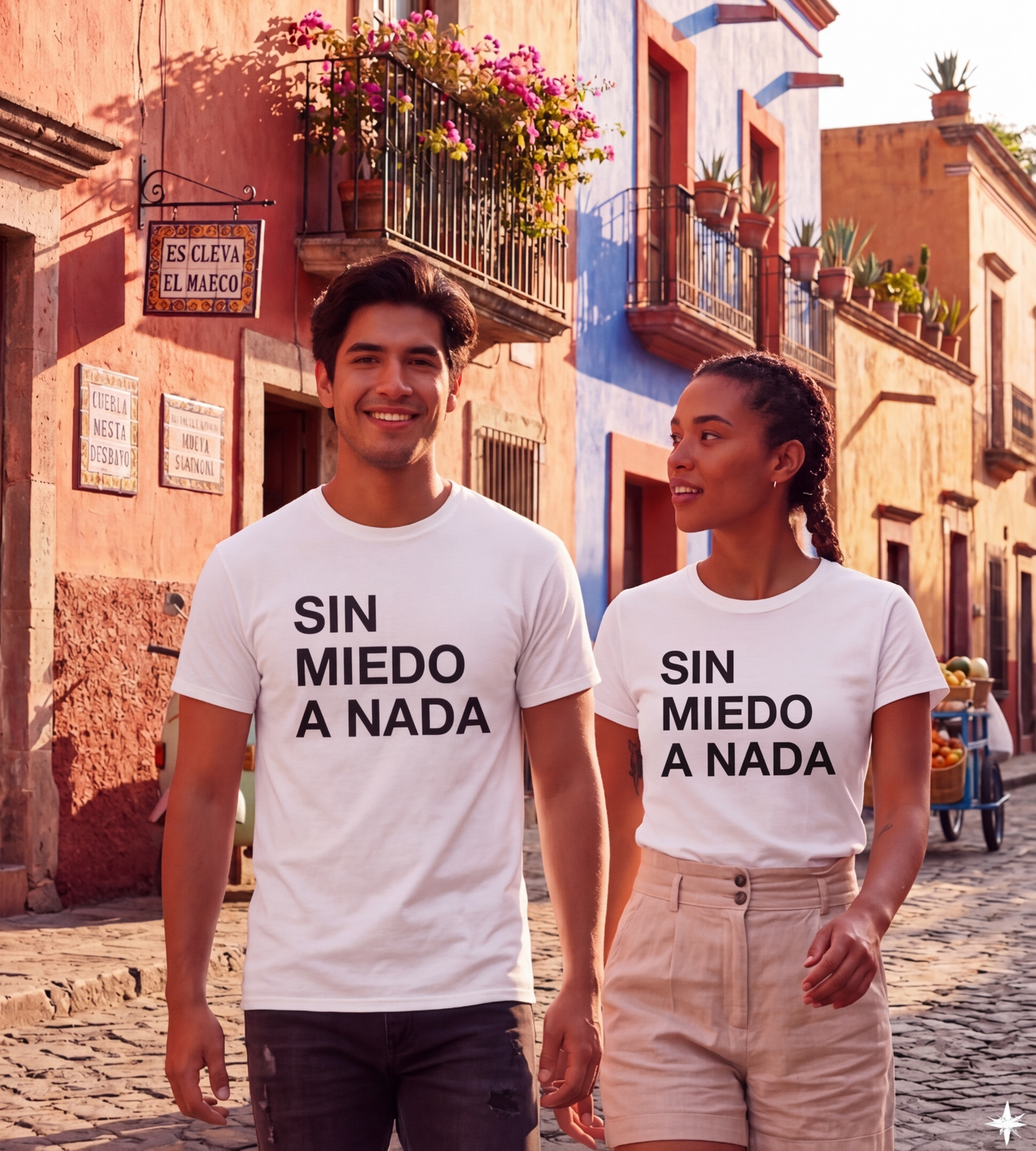 Pareja con playeras blancas de Alex Ubago diseño Sin Miedo A Nada mercancía oficial HipMerch
