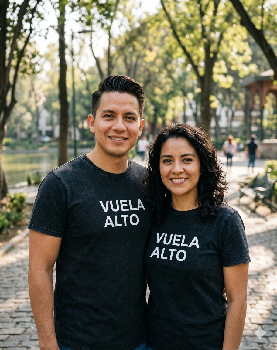 Pareja con playeras negras de Alex Ubago diseño Vuela Alto mercancía oficial HipMerch