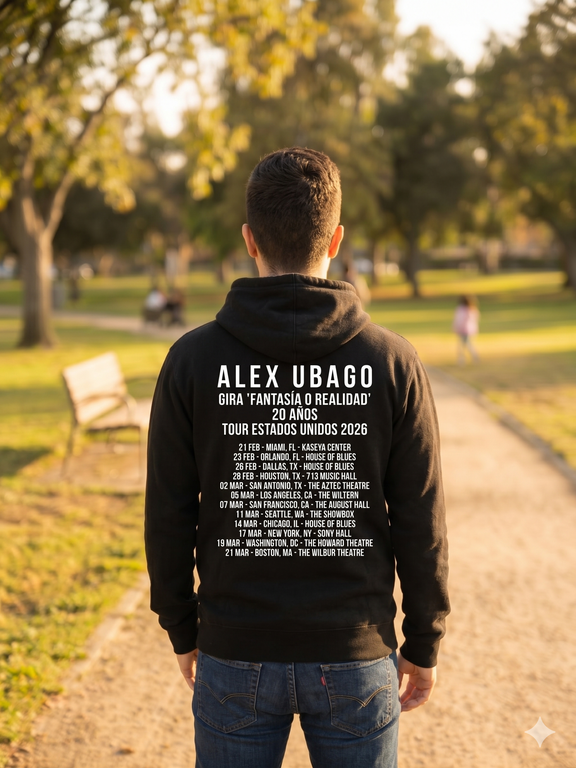 Hombre de espaldas mostrando la sudadera oficial de Alex Ubago con el listado detallado de las ciudades y fechas de la gira 2026 por Estados Unidos.