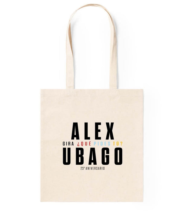 Fotografía de producto de la bolsa de tela color crema con el nombre de Alex Ubago en pedrería y las fechas de la gira por Estados Unidos.