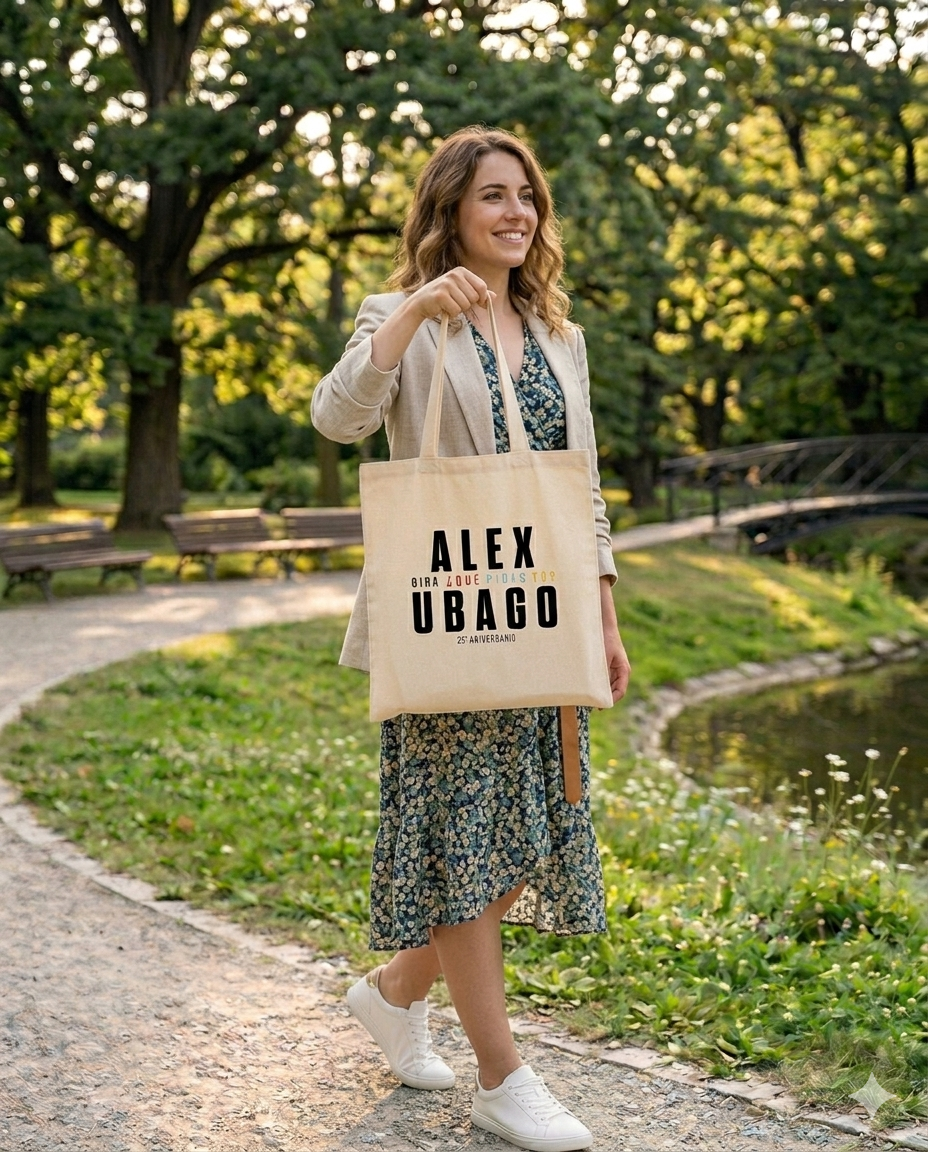 Mujer modelando la bolsa de tela oficial de Alex Ubago en una calle soleada, accesorio de moda urbana para el tour en USA.
