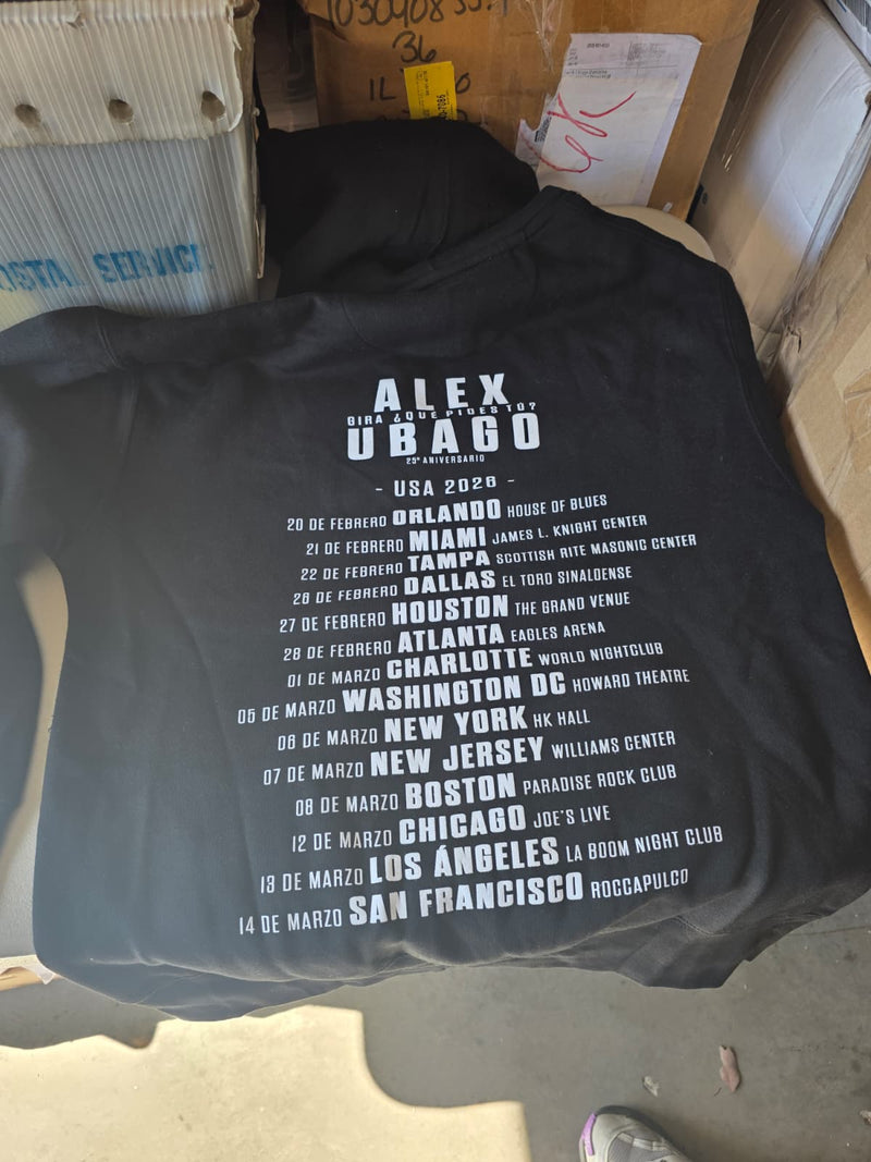 Imagen de producto de la parte trasera de la sudadera de Alex Ubago con el calendario oficial de conciertos de la gira por USA.