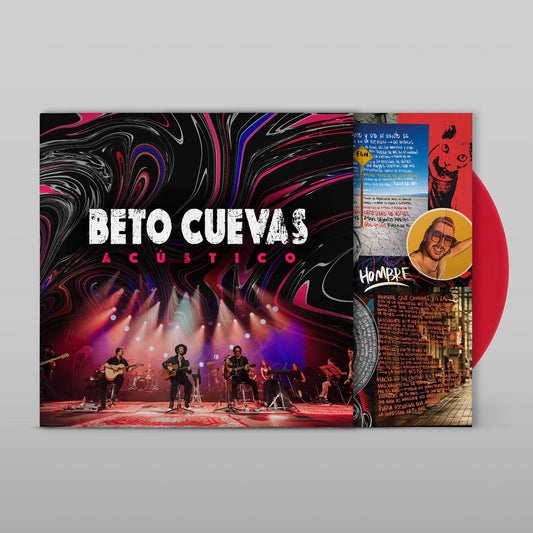 Portada oficial del disco acústico de Beto Cuevas, diseño psicodélico en negro y rosa con fotografía de la banda en vivo.