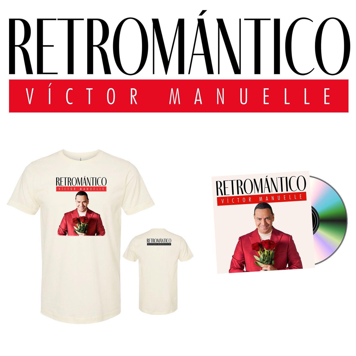 Maqueta digital sobre fondo blanco que muestra el contenido del bundle de Víctor Manuelle Retromántico, reuniendo la playera oficial color crema, el disco de vinilo y el CD.