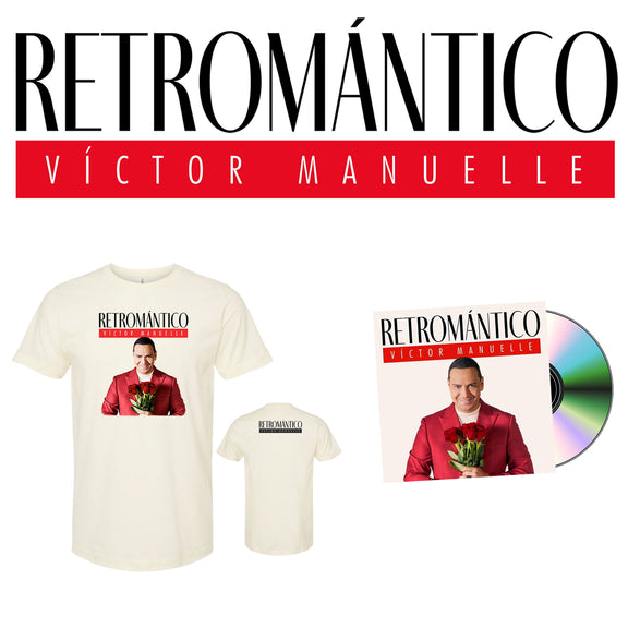 Maqueta digital sobre fondo blanco que muestra el contenido del bundle de Víctor Manuelle Retromántico, reuniendo la playera oficial color crema, el disco de vinilo y el CD.