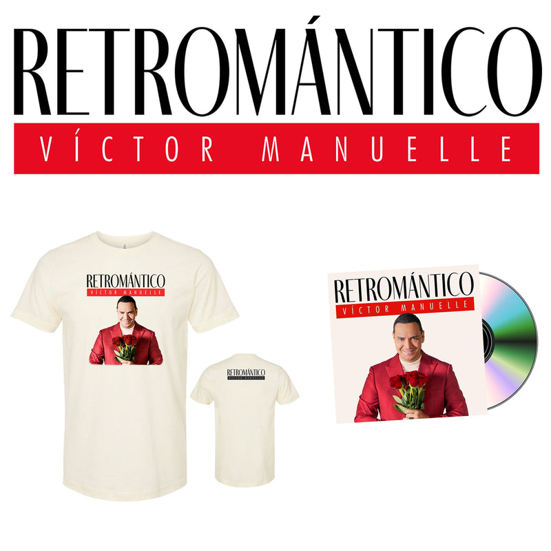 Maqueta digital sobre fondo blanco que muestra el contenido del bundle de Víctor Manuelle Retromántico, reuniendo la playera oficial color crema, el disco de vinilo y el CD.