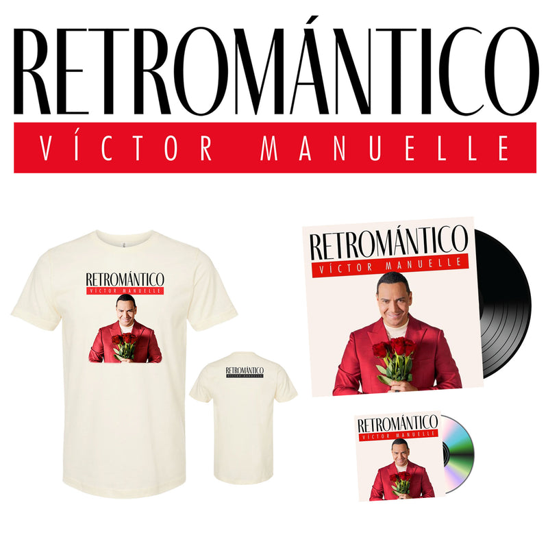 Maqueta digital sobre fondo blanco que muestra el contenido del bundle de Víctor Manuelle Retromántico, reuniendo la playera oficial color crema, el disco de vinilo y el CD.