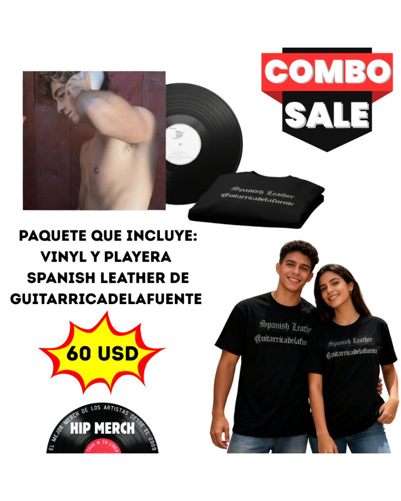 Paquete especial Combo Sale de Guitarricadelafuente: incluye el disco de vinilo oficial y la playera negra de Spanish Leather por un precio exclusivo en HipMerch.
