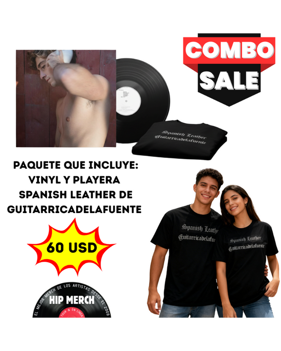 Paquete especial Combo Sale de Guitarricadelafuente: incluye el disco de vinilo oficial y la playera negra de Spanish Leather por un precio exclusivo en HipMerch.