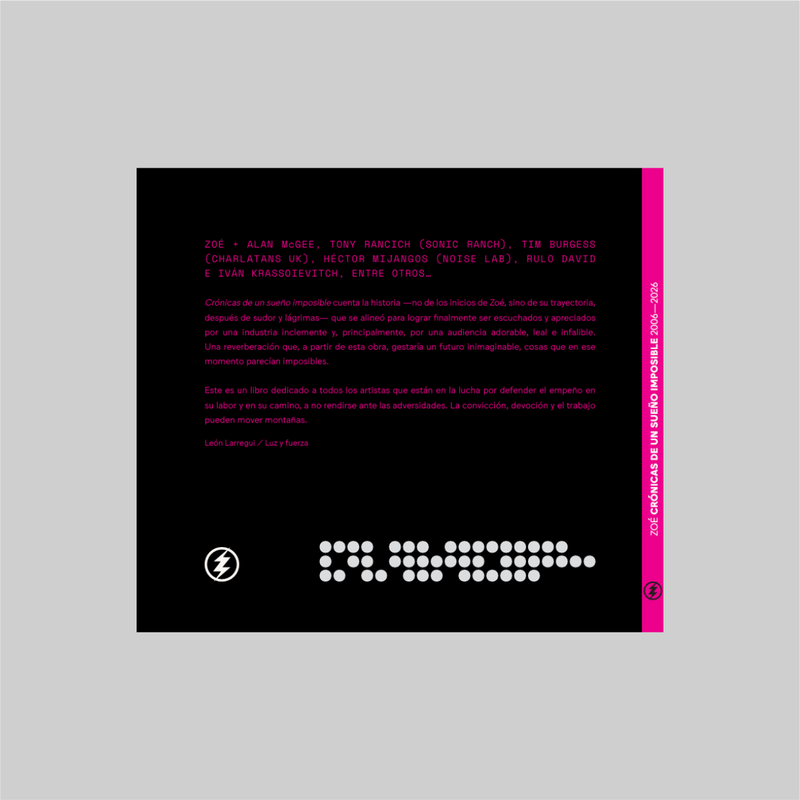 Contraportada del libro de Zoé con detalles editoriales y sinopsis de la crónica documental de la banda desde 2006 hasta 2026.