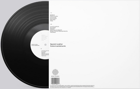 Vista trasera del vinilo Spanish Leather de Guitarricadelafuente mostrando el listado oficial de canciones y el diseño minimalista en blanco.