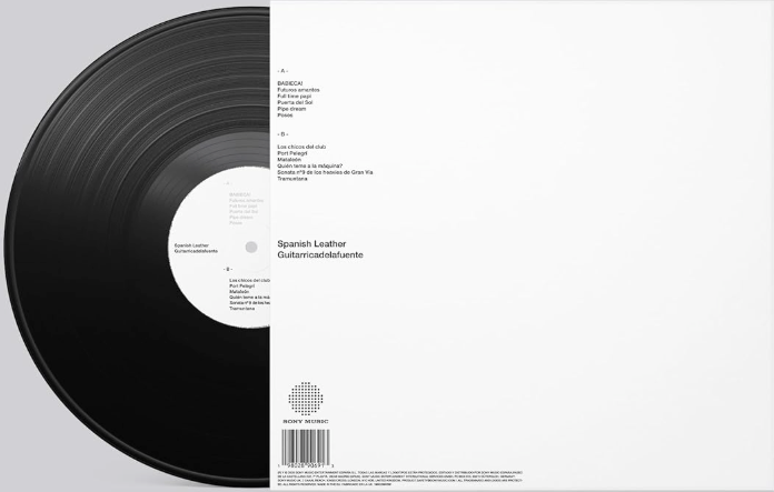 Vista trasera del vinilo Spanish Leather de Guitarricadelafuente mostrando el listado oficial de canciones y el diseño minimalista en blanco.