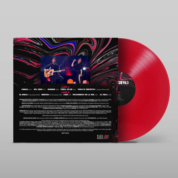 Contraportada del vinilo acústico de Beto Cuevas con el tracklist oficial y créditos de producción sobre fondo de arte gráfico.