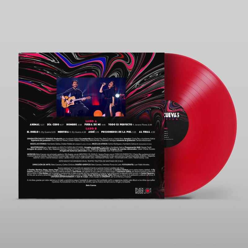 Contraportada del vinilo acústico de Beto Cuevas con el tracklist oficial y créditos de producción sobre fondo de arte gráfico.