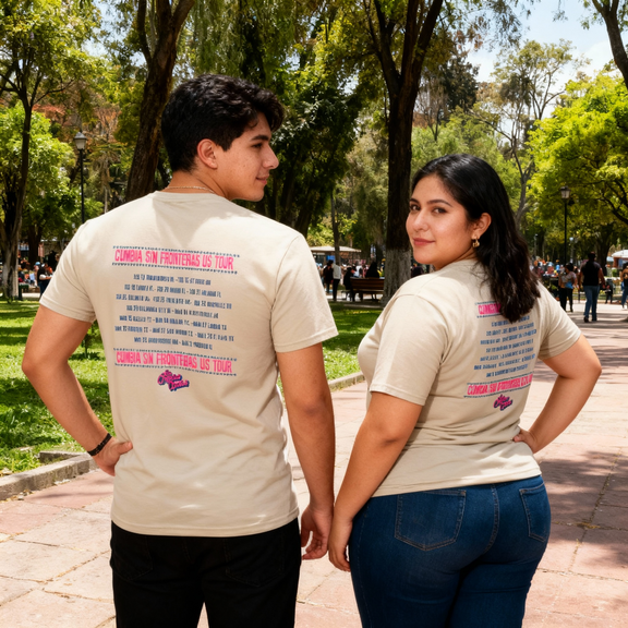 Fotografía de cerca de la playera oficial de Los Ángeles Azules resaltando el estampado de alta calidad con la letra de su éxito mundial y flores típicas.