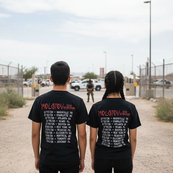 Modelos de espaldas mostrando el diseño de la gira por Estados Unidos de Molotov en la playera oficial Frijolero, con tipografía roja de aniversario.