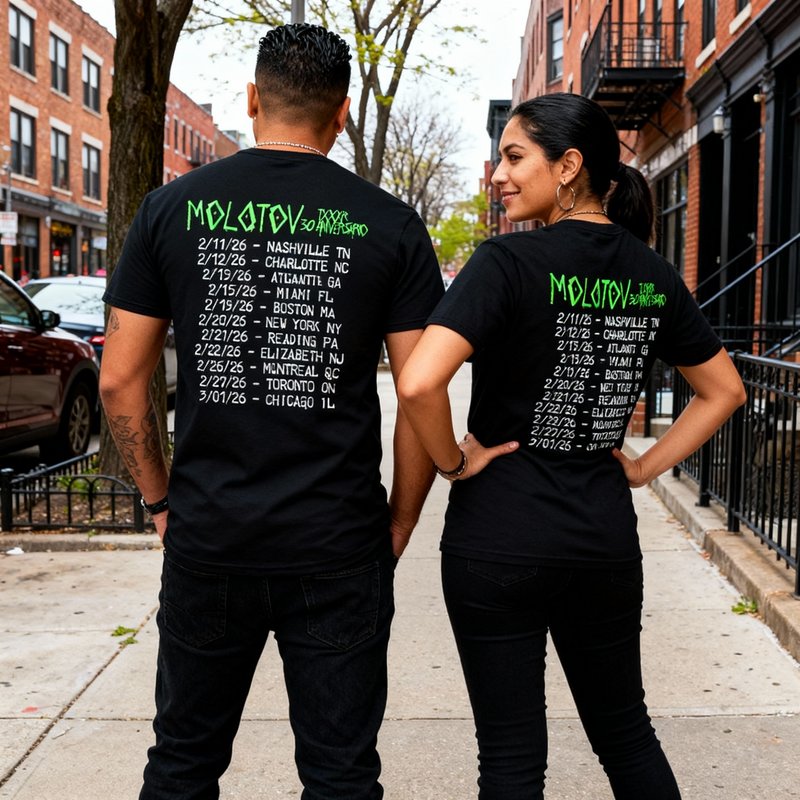 Pareja mostrando la parte posterior de la playera oficial del tour de Molotov en Estados Unidos, con tipografía verde neón.