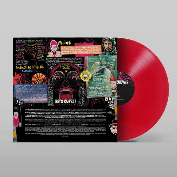 Detalle del disco de vinilo color rojo traslúcido junto a la contraportada del álbum Acústico de Beto Cuevas.