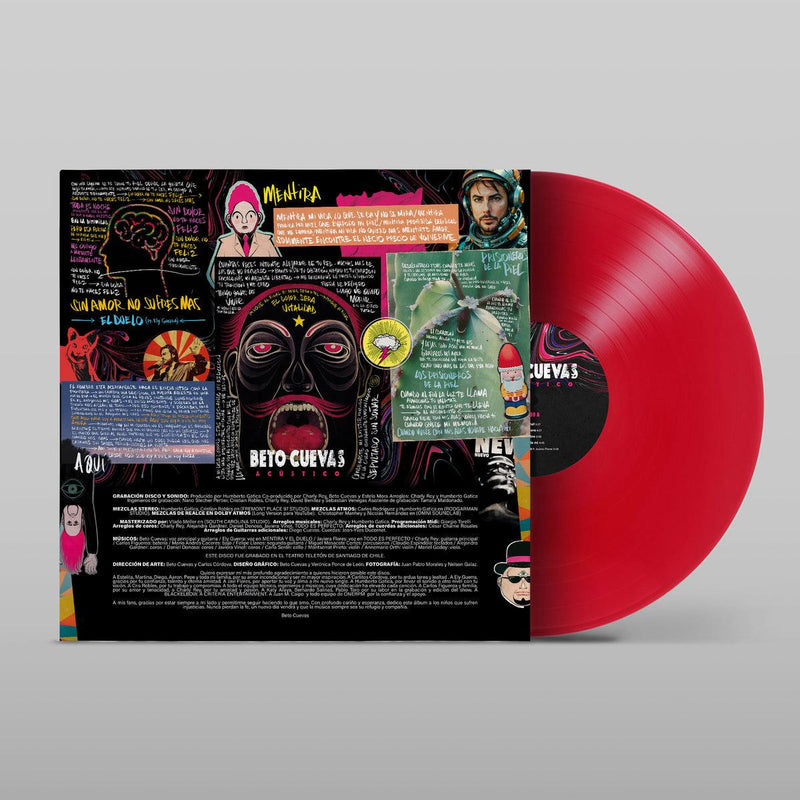 Detalle del disco de vinilo color rojo traslúcido junto a la contraportada del álbum Acústico de Beto Cuevas.