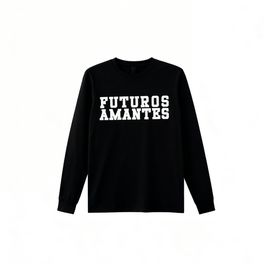 Maqueta del sweater negro de Guitarricadelafuente con el diseño tipográfico "Futuros Amantes" en el pecho, mercancía oficial de alta calidad.