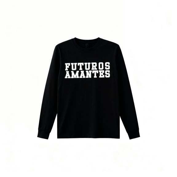 Maqueta del sweater negro de Guitarricadelafuente con el diseño tipográfico "Futuros Amantes" en el pecho, mercancía oficial de alta calidad.