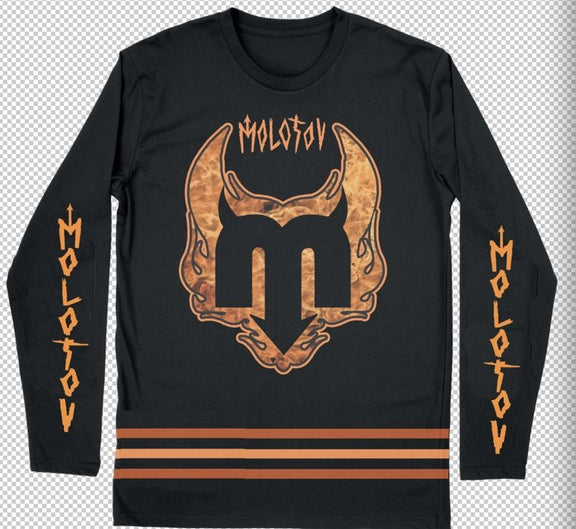 Maqueta digital de la parte delantera de la jersey de hockey de Molotov, mostrando el logo central y las franjas naranjas en la base.