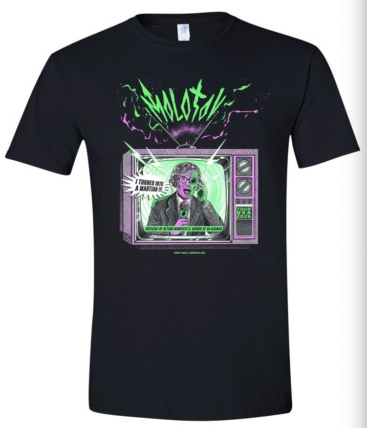Maqueta frontal de la playera de Molotov con el arte gráfico del "Marciano" en colores vibrantes, edición especial de aniversario.