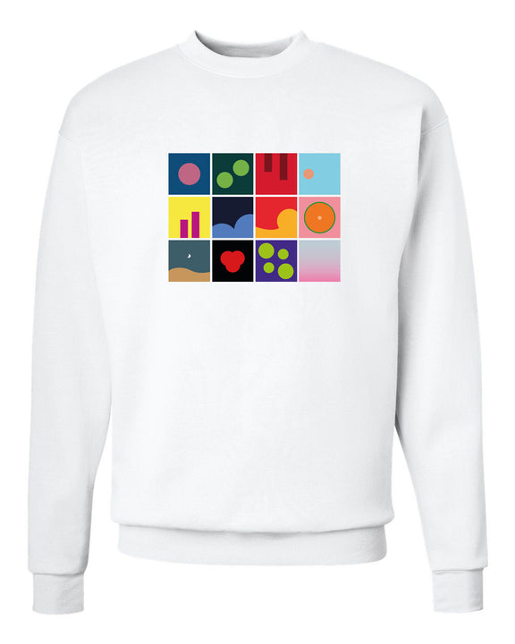 Maqueta digital de la sudadera de cuello redondo blanca de Danny Ocean, mostrando el diseño cuadriculado del álbum 54+1 centrado.
