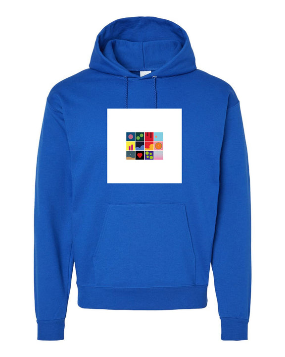 Maqueta digital de la sudadera azul con capucha de Danny Ocean, mostrando el arte cuadrado del proyecto 54+1 centrado en el pecho.