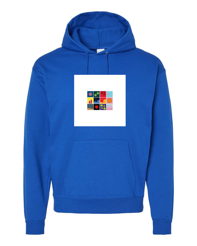 Maqueta digital de la sudadera azul con capucha de Danny Ocean, mostrando el arte cuadrado del proyecto 54+1 centrado en el pecho.
