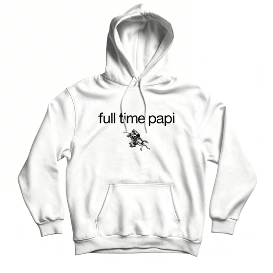 Maqueta digital de la sudadera con capucha negra de Guitarricadelafuente con el texto "Full time papi" en el pecho sobre fondo neutro.