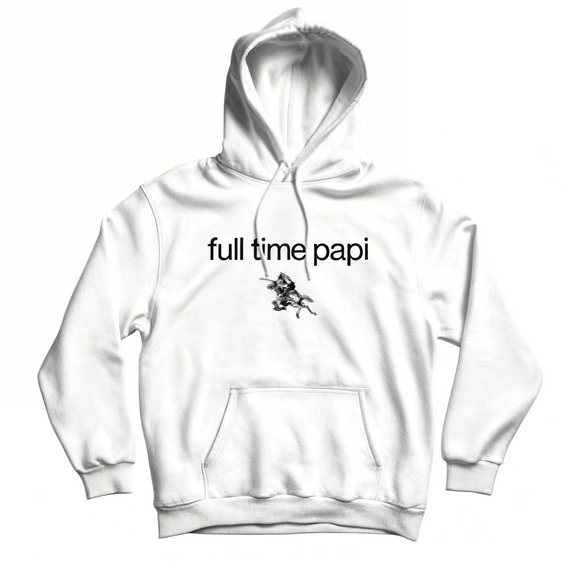 Maqueta digital de la sudadera con capucha negra de Guitarricadelafuente con el texto "Full time papi" en el pecho sobre fondo neutro.