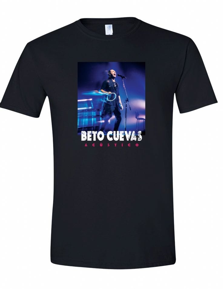 Maqueta digital de la playera oficial de Beto Cuevas Acústico 2026, combinación de colores negro y azul con arte gráfico frontal.