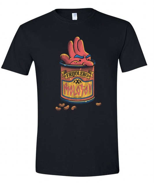 Maqueta de la playera negra de Molotov con el arte original de la canción Frijolero, edición conmemorativa de los XXX Años.