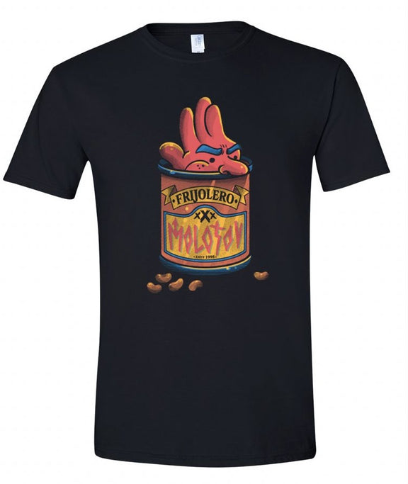 Maqueta de la playera negra de Molotov con el arte original de la canción Frijolero, edición conmemorativa de los XXX Años.