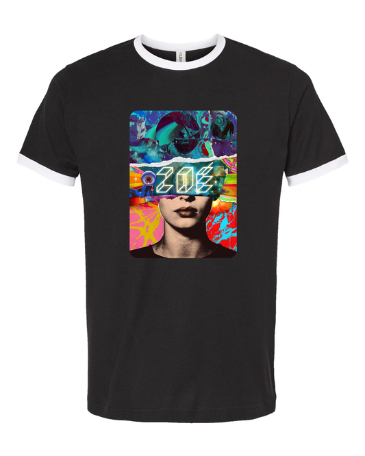 Maqueta digital con el arte y diseño detallado de la playera ringer Collage de Zoé.