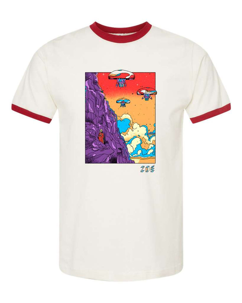 Maqueta digital con el arte y detalles gráficos de la playera ringer Expedición de Zoé.