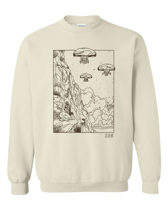 Maqueta digital con el arte y detalles gráficos impresos de la sudadera marfil Ilustración de Zoé.
