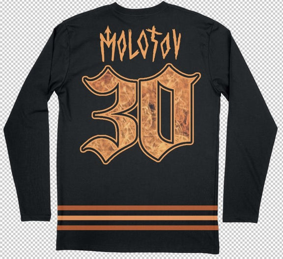 Maqueta digital de la espalda de la jersey de hockey Molotov con el número 30 de aniversario y tipografía característica de la banda.
