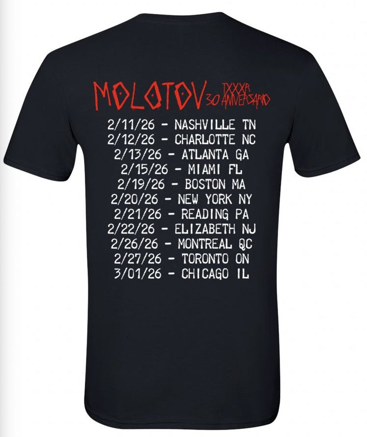 Maqueta digital de la espalda de la playera Molotov Frijolero con el logo de XXX Años y las ciudades confirmadas para el tour por Estados Unidos.