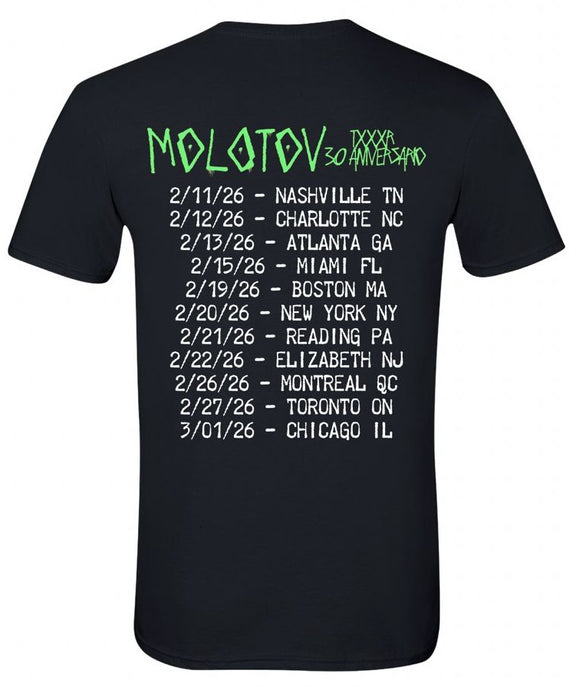 Maqueta digital de la espalda de la playera Molotov Marciano, mostrando las fechas confirmadas para el US Tour 2026.