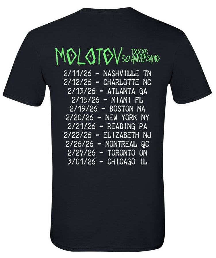 Maqueta digital de la espalda de la playera Molotov Marciano, mostrando las fechas confirmadas para el US Tour 2026.
