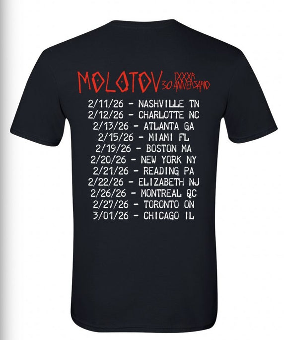 Maqueta digital de la espalda de la playera de Molotov con el logo "XXX Años" en rojo y las fechas oficiales de la gira por Estados Unidos.