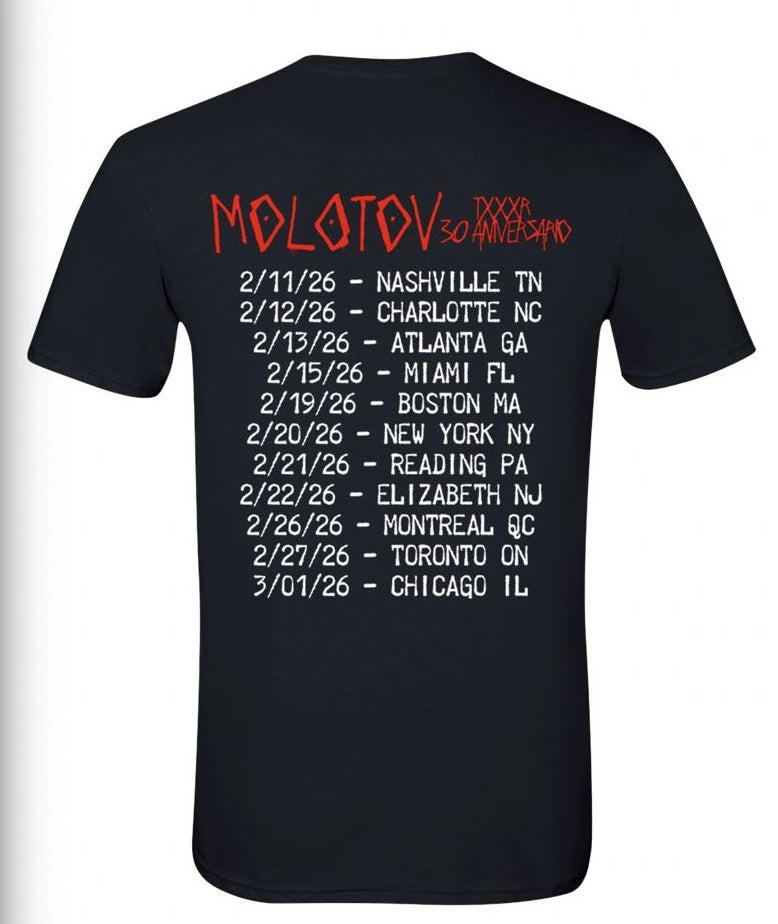 Maqueta digital de la espalda de la playera de Molotov con el logo "XXX Años" en rojo y las fechas oficiales de la gira por Estados Unidos.