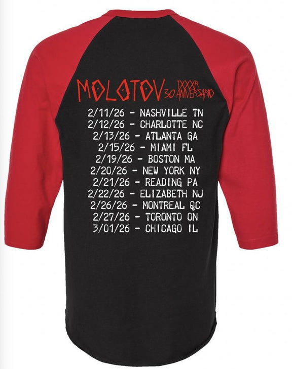 Maqueta digital de la espalda de la playera raglan de Molotov con el logo de la gira Voto Latino y el listado de ciudades confirmadas.